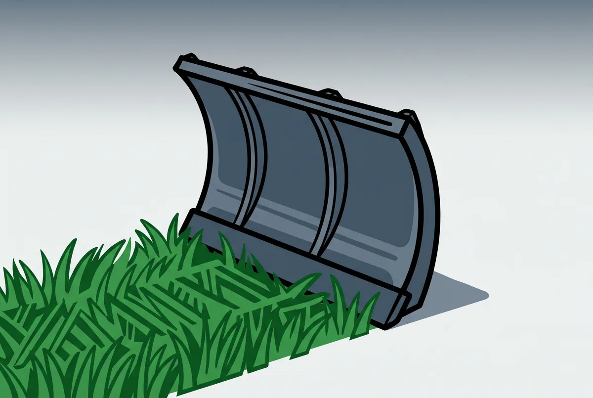 A stylised flat illustration of a plow blade lowered over a swath of green turf, with two frost-tipped grass blades and a small worklight glow beside it.